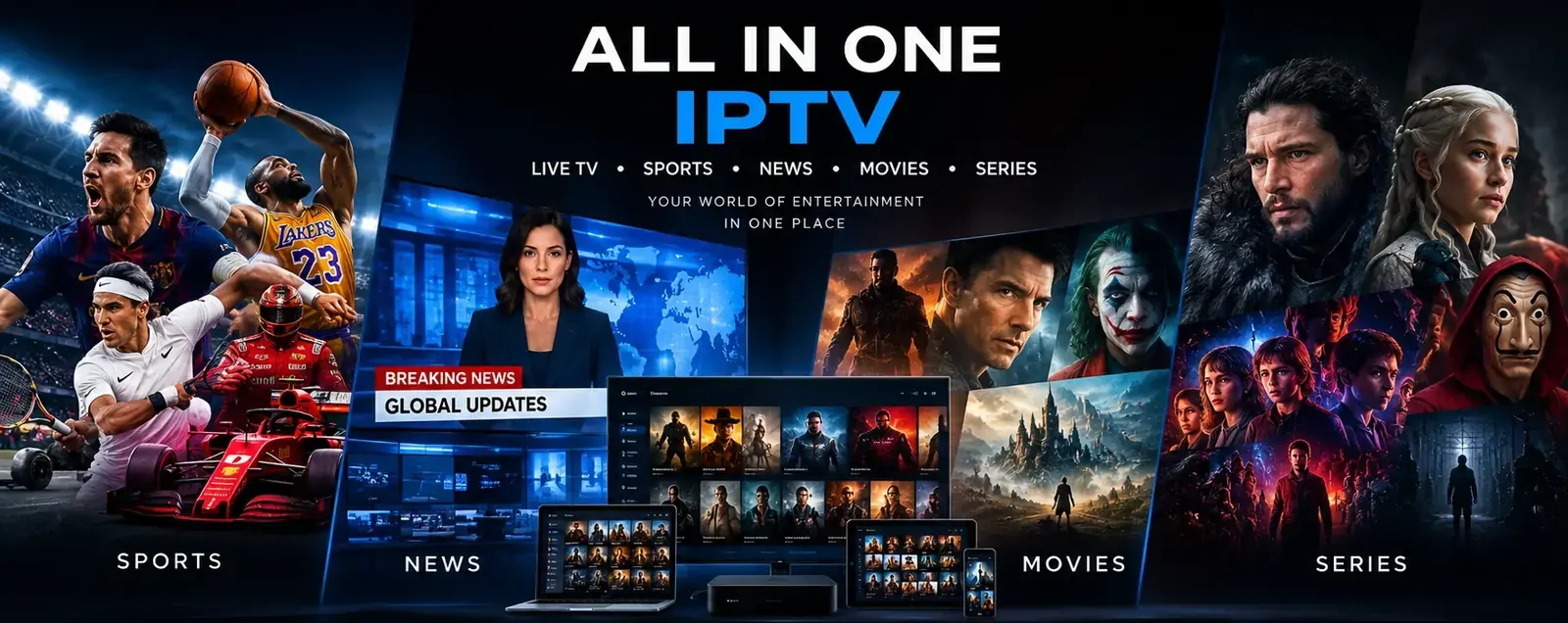All-in-one cheap IPTV — live TV, sports, news, movies and series streaming on TV, laptop, tablet and phone