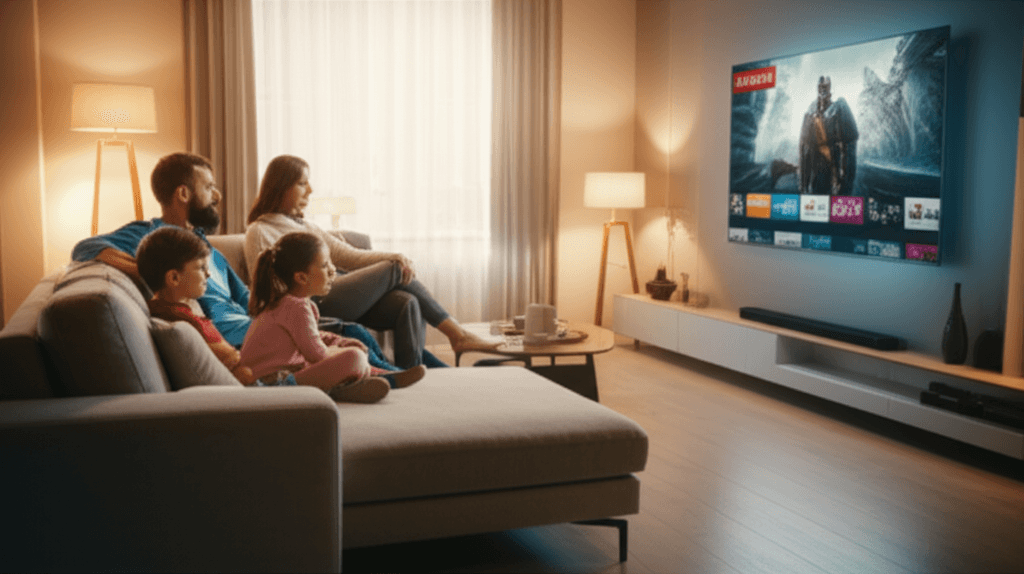 Family enjoying affordable IPTV streaming on a smart TV