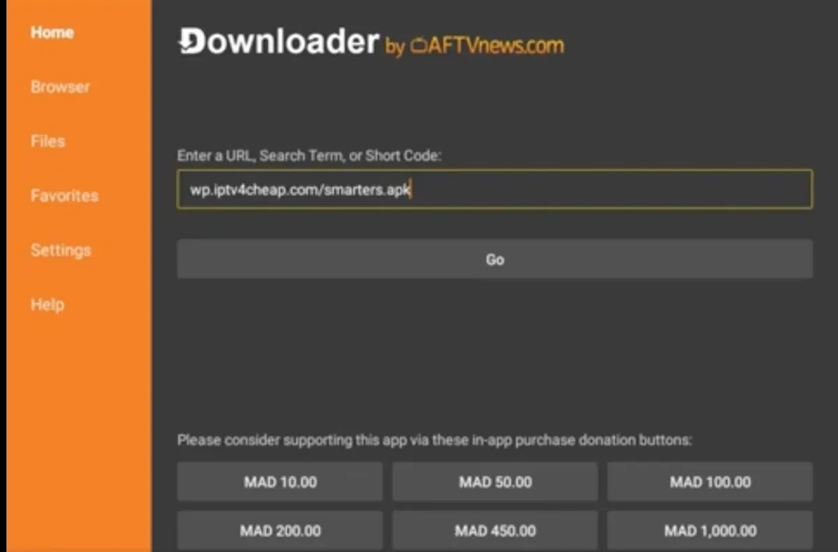 Downloader home screen with wp.iptv4cheap.com/smarters.apk typed into the URL box