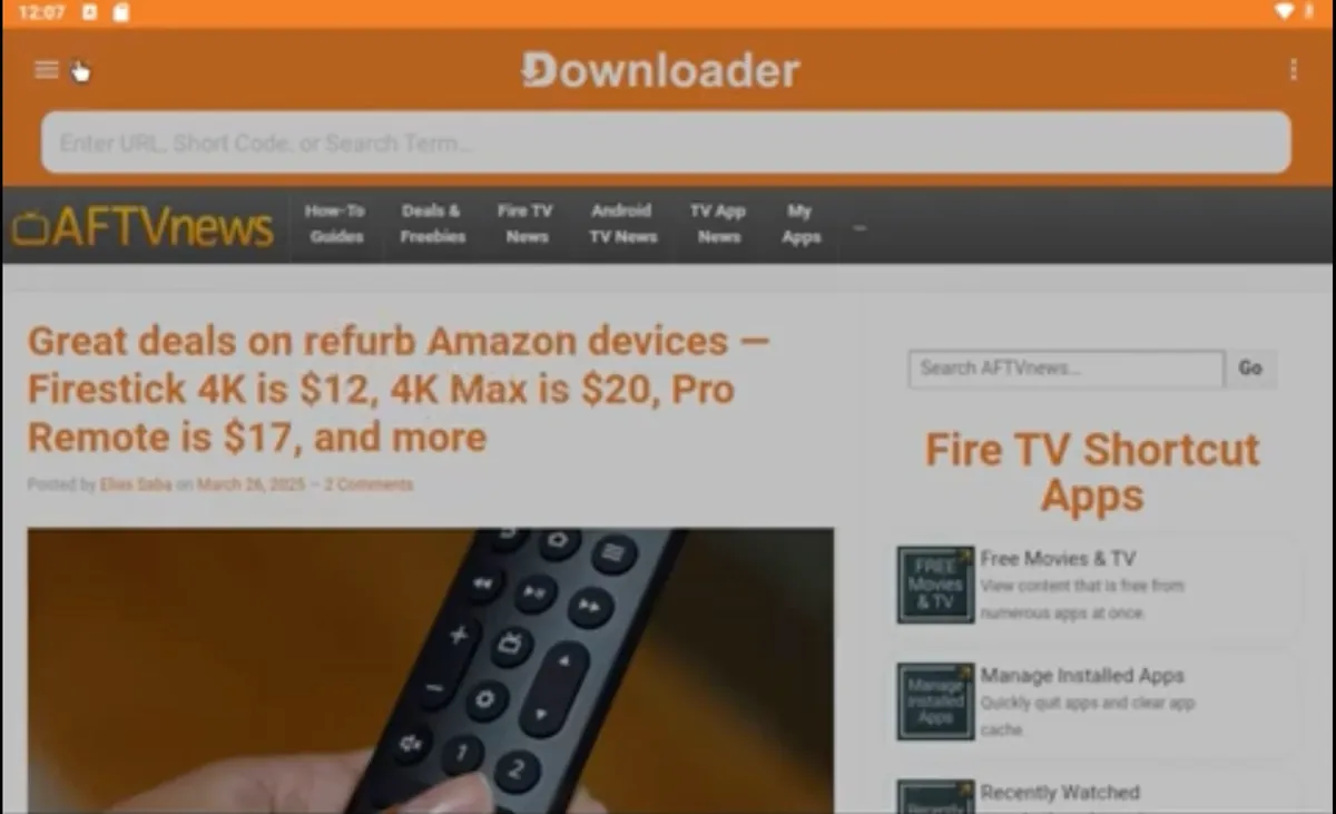 Downloader app on Firestick opening the AFTVnews homepage in its built-in browser on first launch