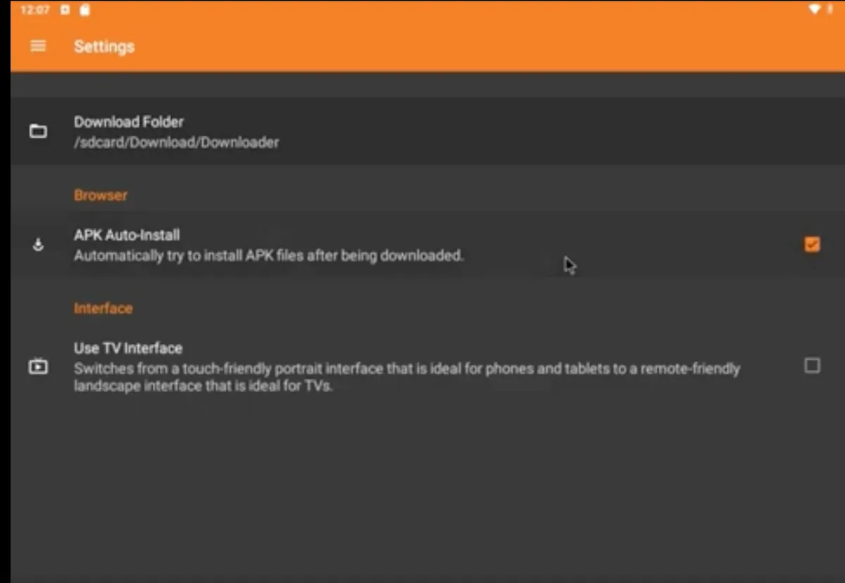 Downloader settings screen with the APK Auto-Install option ticked