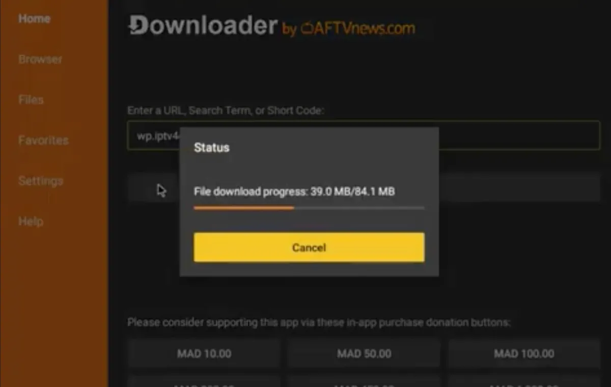 Downloader status window showing the IPTV Smarters Pro APK download at 39 of 84.1 MB
