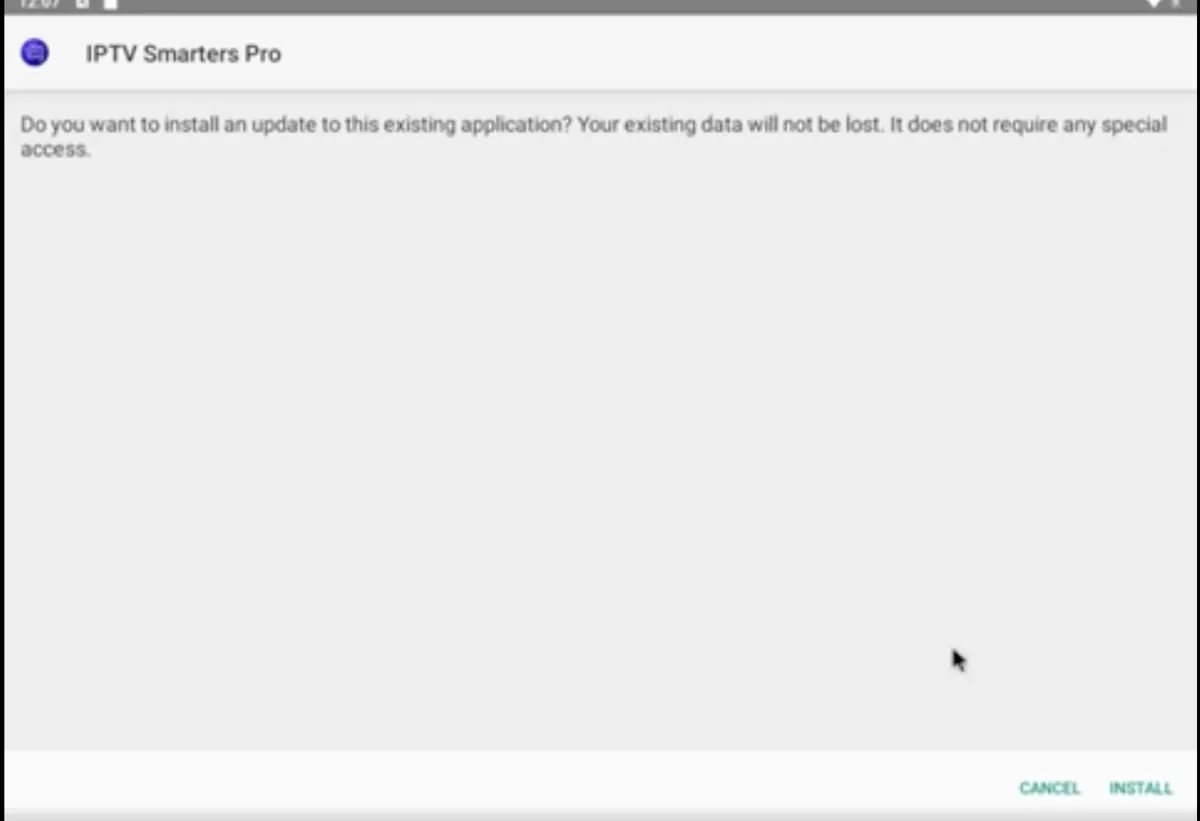 Android install prompt for IPTV Smarters Pro with Cancel and Install buttons