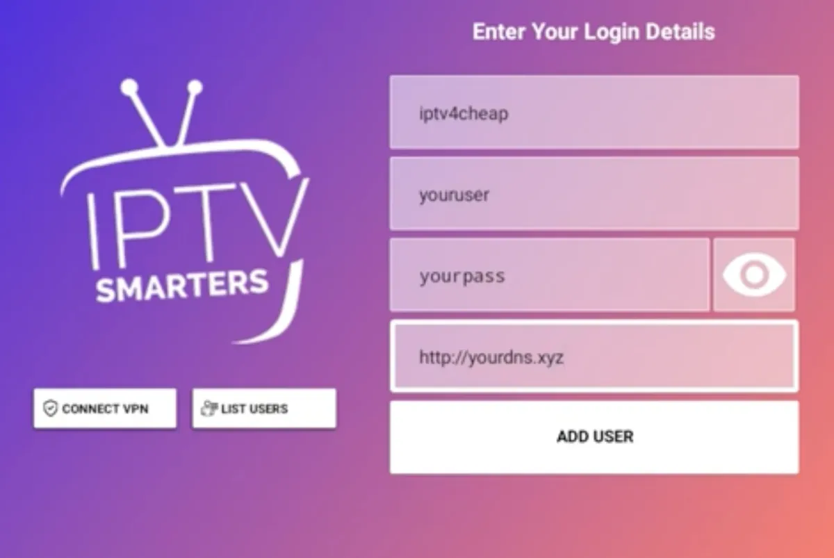 IPTV Smarters Pro login form filled with iptv4cheap as name, username, password and server URL