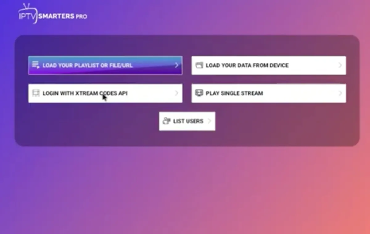 IPTV Smarters Pro start screen with Login with Xtream Codes API highlighted